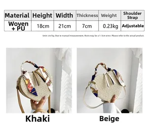 Size chart for heart-shaped straw bag with dimensions and beige or khaki color options