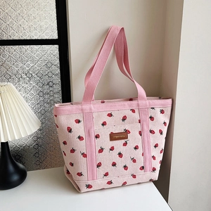 Women Strawberry Print Corduroy Tote Bag Large Capacity Shopping Shoulder Bag Casual Handbag Korean Style Student Carryall