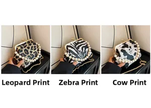Retro shell bags in leopard, zebra, and cow prints with pearl handles and gold chains