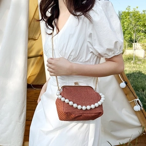 Vintage woven mini shell bag in tan with large pearl accent and thin gold chain strap