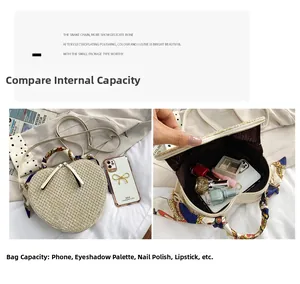 Internal capacity of the heart-shaped straw bag showing storage for phone and cosmetics