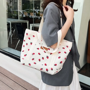 White corduroy tote bag with red strawberry print for daily casual shoulder carry