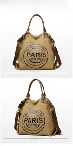 Macro shot of khaki canvas tote bag with brown leather handles and vintage Paris print