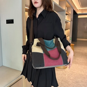 Retro canvas tote bag with multi-color patchwork and adjustable wide shoulder strap
