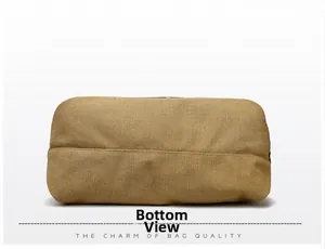 Detailed bottom view of a durable canvas tote bag showing reinforced stitching and texture