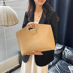 Minimalist khaki PU leather business briefcase with oval metal handle and magnetic flap