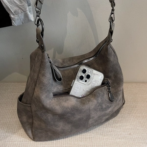 Large capacity vintage dark grey suede tote bag with adjustable shoulder strap