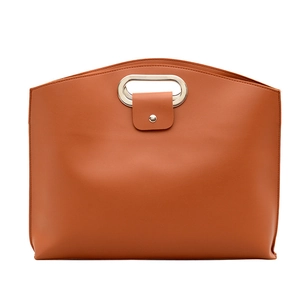 Brown PU leather laptop briefcase for women with oval silver metal handle for office use