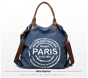 Blue canvas tote detail with leather handles and French vintage Paris print logo