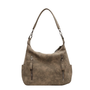 Large vintage coffee brown tote bag in washed leather with multi-pocket design