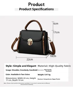 Detailed size specifications for the black leather crossbody bag with metal lock detail