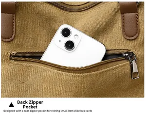 Detail view of the back zipper pocket on a khaki canvas tote bag with a smartphone inside