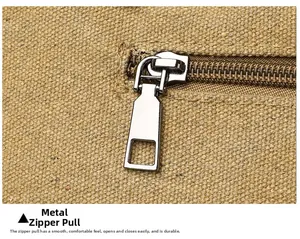 Detail of durable tan canvas tote with smooth-sliding polished silver metal zipper hardware