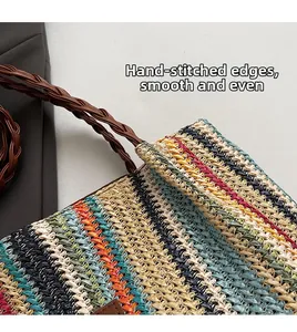 Detail view of woven tote bag edges showing smooth stitching and striped straw texture