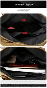 Internal layout of large canvas tote bag showing multiple pockets and spacious interior