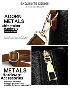 Detailed view of polished light gold metal hardware and lychee pattern black leather bag