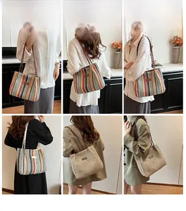 Detail shots of striped woven tote bag with sturdy straps for casual daily wear