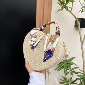 Women Heart Shaped Woven Straw Shoulder Bag With Silk Scarf Decor Small Beach Crossbody Handbag For Vacation Daily Matching