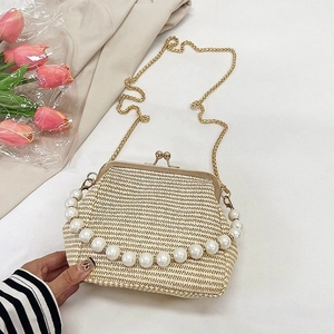 Mini vintage woven shell bag with elegant pearl handle and golden chain strap for summer