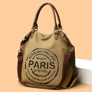Large vintage canvas tote bag with Paris print and adjustable brown shoulder strap