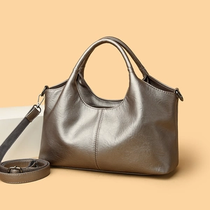 Fashionable bronze PU leather tote bag with top handle and adjustable shoulder strap