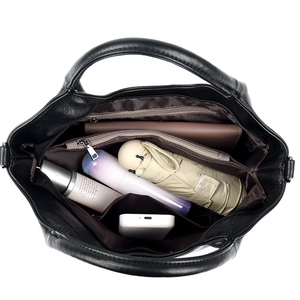 Large capacity black pebble leather tote bag with multi-compartment interior for daily use