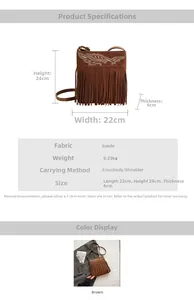 Detailed size and material specification chart for the brown suede fringed crossbody bag