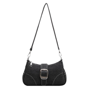 Chic black denim hobo bag with contrast stitching and silver hardware for women