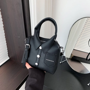 Creative shirt-shaped black leather handbag with collar and silver button details