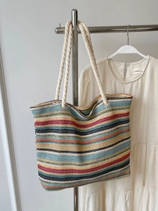 Grand Sac Fourre-tout Tissé à Rayures Colorées pour Femmes Sac à Épaule Décontracté de Vacances Avec Poignées en Corde de Coton