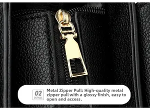 Close-up of pebble-textured leather bag with premium gold metal zipper pulls