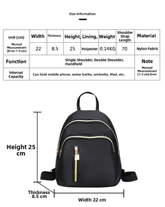 Tableau des tailles et dimensions du sac à dos en nylon avec des mesures visuelles