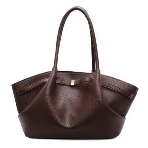Dark brown lychee pattern leather tote bag with elegant side pleats and golden buckle