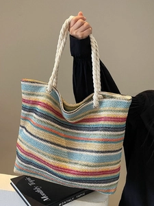 Grand sac fourre-tout tissé à rayures colorées avec anses en corde pour les vacances d'été