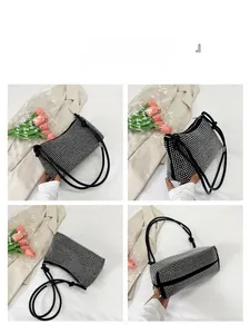 Detailed multi-angle views of silver rhinestone baguette bag with black shoulder strap