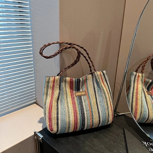 Women Colorful Striped Straw Woven Tote Bag Large Capacity Bohemian Shoulder Handbag With Zipper For Summer Beach Travel