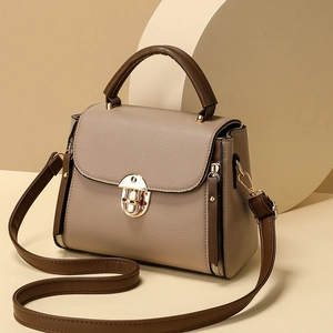 Chic khaki and brown patchwork handbag with retro gold lock and lychee texture