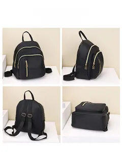 Quatre vues d'un sac à dos noir en nylon avec fermetures dorées et bretelles réglables