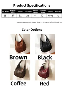 Size chart and specifications for vintage soft PU leather tote bag in four colors