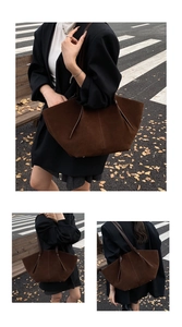 Detailansicht der großen dunkelbraunen Wildleder-Tote-Bag mit Kordelzug und urbanem Stil