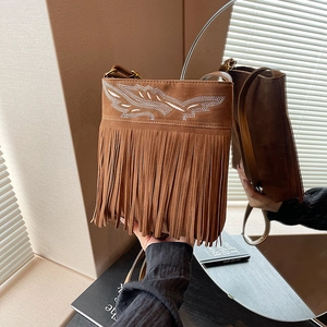 Women Ethnic Bohemian Fringe Shoulder Bag Vintage Suede Style Rhinestone Wing Embroidery Tassel Crossbody Bag Travel Small Square Purse