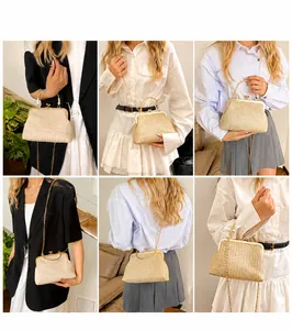 Detailed views of shell woven evening bag with gold handle and pearl accents