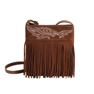 Ethnic brown suede crossbody bag with vintage embroidery and long fringe tassels