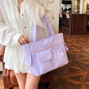 Light purple large capacity nylon tote bag with functional pockets for students and daily commute
