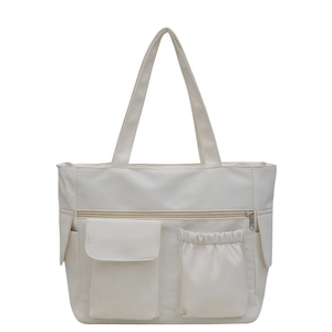Minimalist cream white large capacity tote bag with multi-pocket and dual handles design