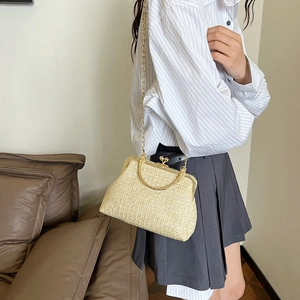 Vintage beige straw shell handbag with gold metal frame and chain strap for women