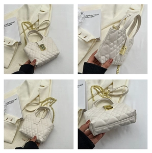 Detail shots of the white quilted mini bucket bag showing front side and bottom views