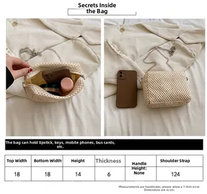 Size chart and dimensions for the summer straw crossbody bag with silver chain strap