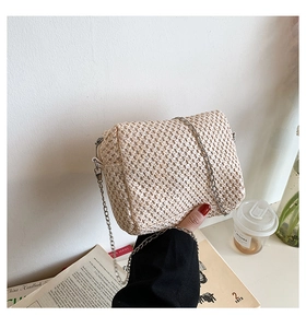 Detail of beige straw woven chain bag with silver strap and zipper closure for summer