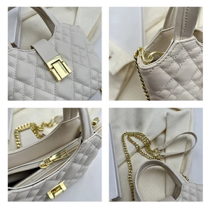 Detailed views of quilted leather handbag with gold hardware and chain strap